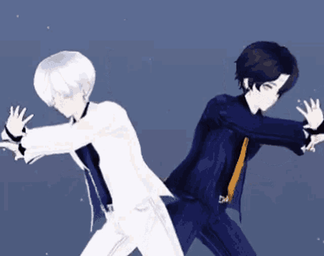 two anime characters are dancing with their arms outstretched .