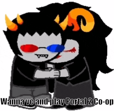 a couple of cartoon characters hugging each other with the words wanna ve and play portal 2 co-op below them