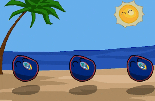 a cartoon of three balls on a beach under a palm tree