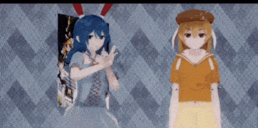 two anime girls are standing next to each other in front of a wall with a poster on it