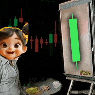 a little girl is standing next to a painting of a green candlestick on an easel