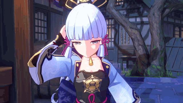 a girl with blue hair and a necklace that says ' o ' on it