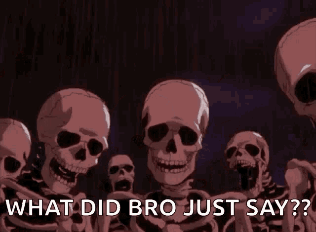 a group of skeletons are standing next to each other with the words " what did bro just say " below them