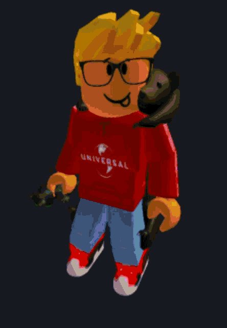 a cartoon character wearing a purple universal sweatshirt