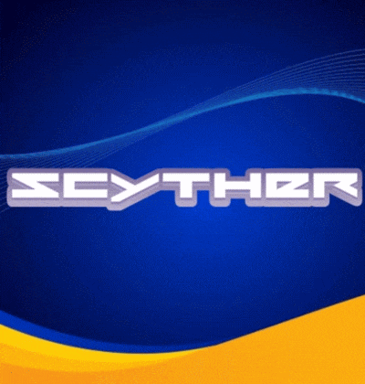 a blue and yellow background with a seyther logo on it