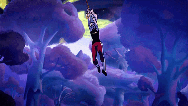 a cartoon character is hanging from a rope in a purple forest