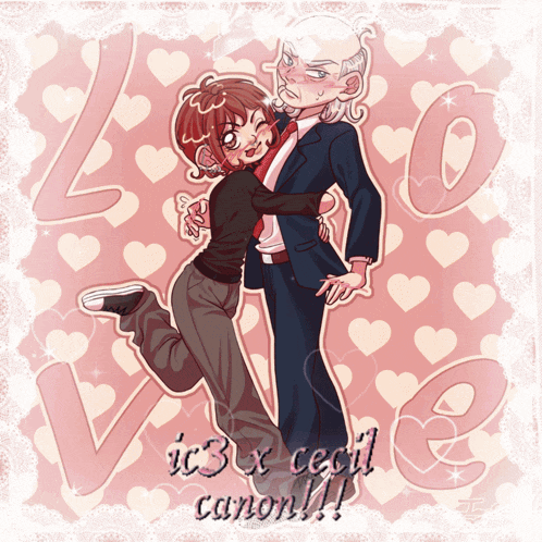 a drawing of a man and woman hugging with the words it 's x cecil canon !!! on the bottom