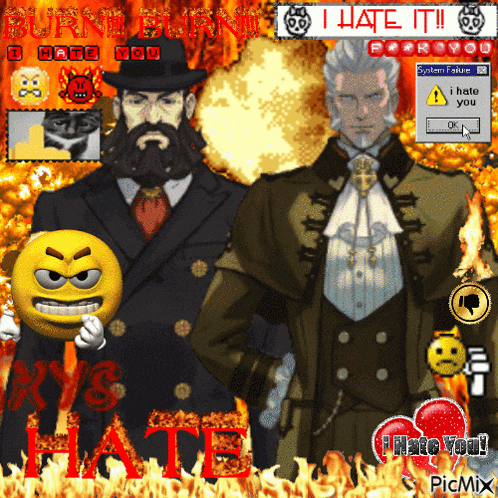 two men standing next to each other in front of a screen that says i hate you