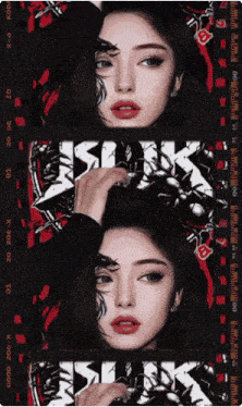 a woman 's face is displayed on a black and red background with the word blink on it