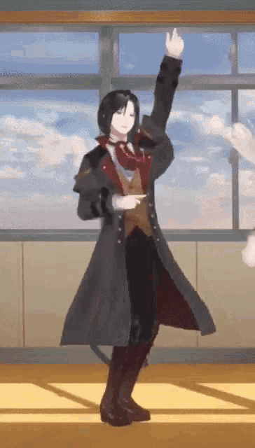 a cartoon character is standing in front of a window with his arms in the air .