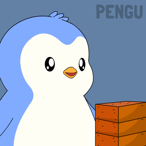 a penguin is holding a stack of wooden blocks and the word pengu is on the bottom left