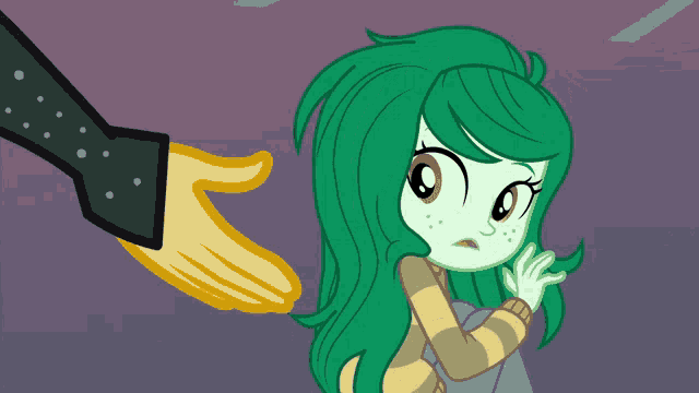 a cartoon of a girl with green hair reaching out her hand