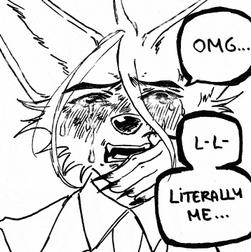 a black and white drawing of a rabbit with a speech bubble that says omg literally me
