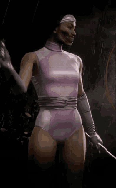 a woman in a pink bodysuit and white gloves is holding a bat