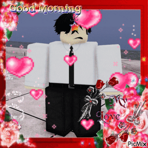 a picture of a man in a suit and tie surrounded by pink hearts and roses with the words good morning