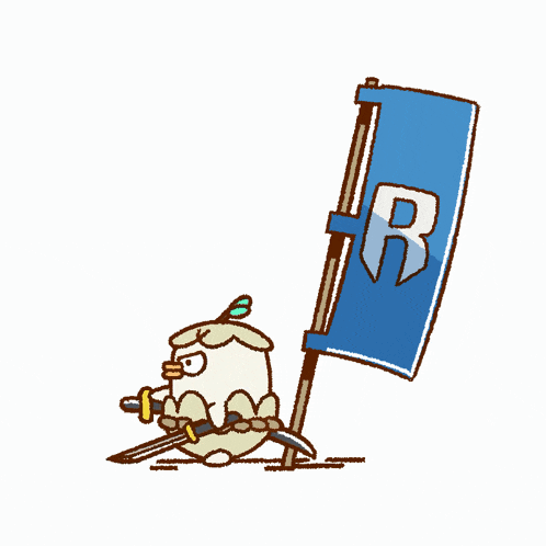a cartoon drawing of a bird holding a sword next to a flag with the letter r on it