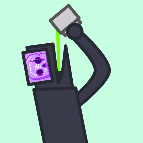 a cartoon drawing of a robot with a purple face and a green liquid coming out of it 's mouth