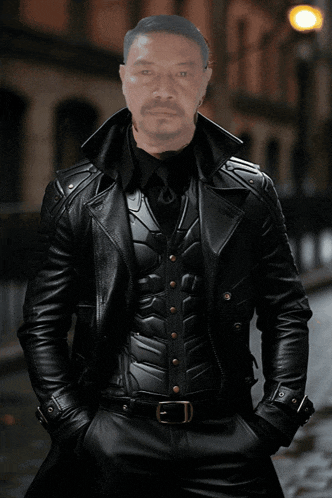 a man with a beard is wearing a black leather suit