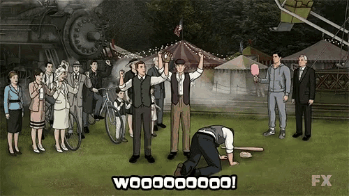 a group of people are standing around a man who is kneeling on the ground with the words woooooo on the bottom right