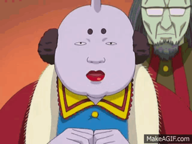 a cartoon of a man with a purple head and a yellow and red tie