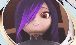 a close up of a cartoon character with purple hair and red eyes