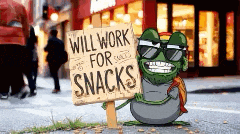 a cartoon frog holding a sign that says will work for snacks