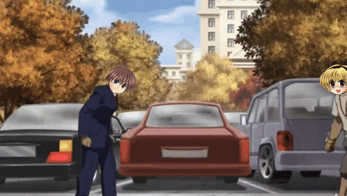 a man and a girl are standing in a parking lot next to cars