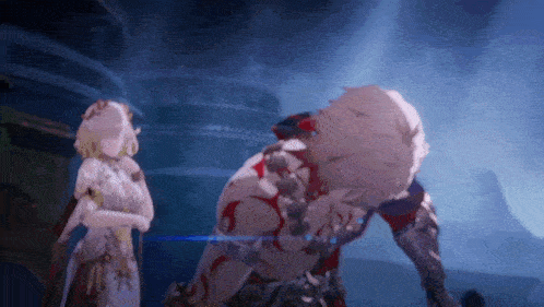 a man and a woman are standing next to each other in a dark room