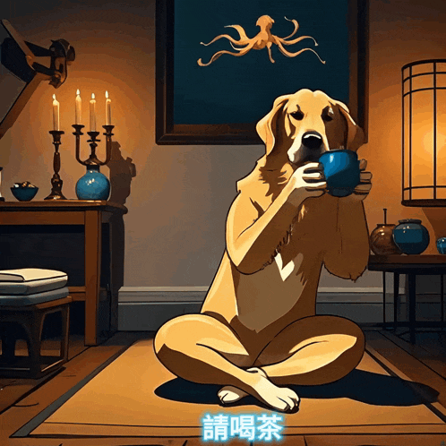 a cartoon of a dog drinking a cup of tea