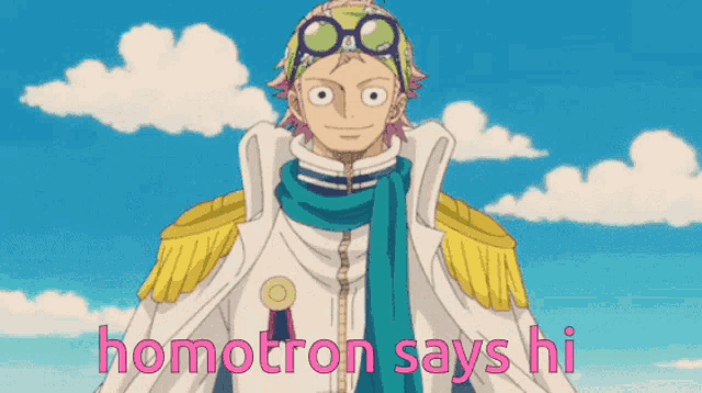 a cartoon character with the words homotron says hi on the bottom