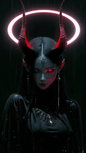 a demon with horns and a halo around her head