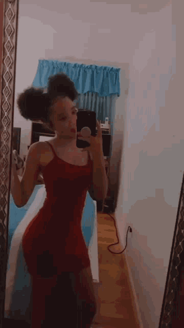 a woman in a red dress is taking a picture of herself in a mirror .
