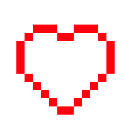 a pixel art heart with a black circle in the middle