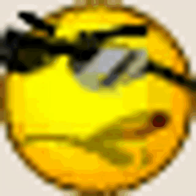 a yellow smiley face with sunglasses and a gun on it 's face .