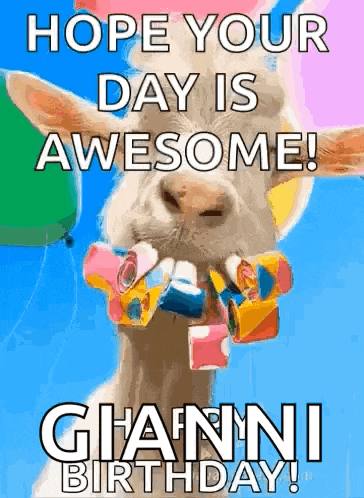 a birthday card with a goat holding balloons in its mouth and saying hope your day is awesome !