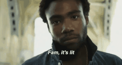 a close up of a man 's face with the words `` fam , it 's lit '' written on the bottom .