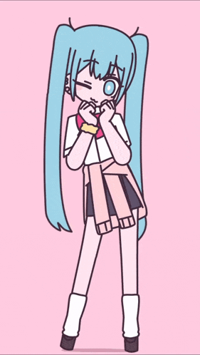 a drawing of a girl with blue hair wearing a pink bow tie