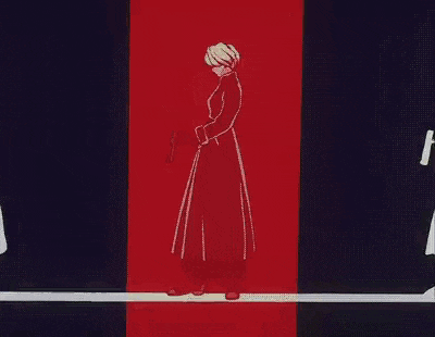 a woman in a black coat is holding a gun in front of two silhouettes of men .