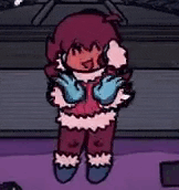 a cartoon girl is standing on a purple floor in a room wearing headphones and gloves .
