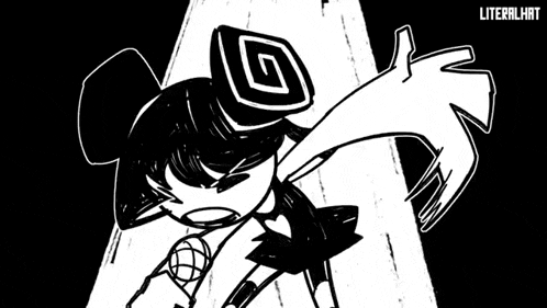 a black and white drawing of a cartoon character with a microphone in his hand .