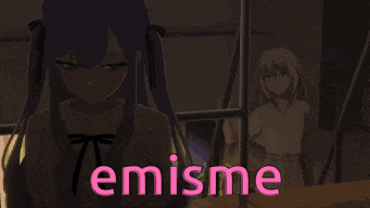 a picture of a girl with the word emisme in pink letters