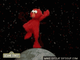 elmo from sesame street is standing on the moon in space