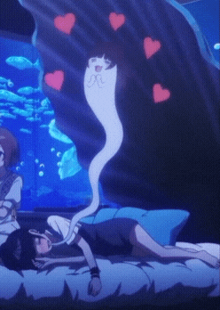 a cartoon of a girl laying on a bed with a ghost coming out of her hair