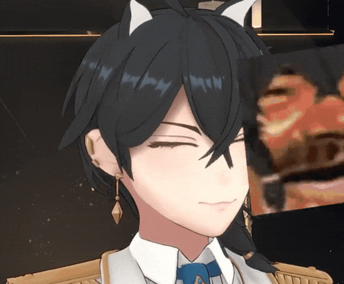 a close up of a cartoon character with black hair