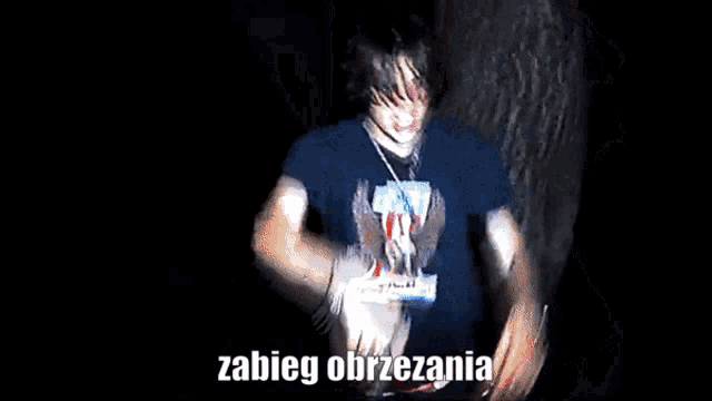 a painting of a person in a forest with the words zabieg obrazania on the bottom