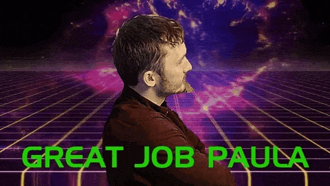 a man with his arms crossed is standing in front of a purple and green background that says great job paula