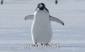 a penguin is standing on top of a snow covered field and says `` me tonight '' .