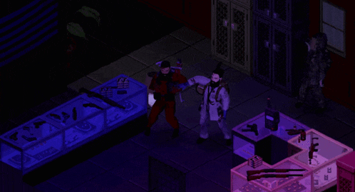 a man in a red suit is standing in a dark room