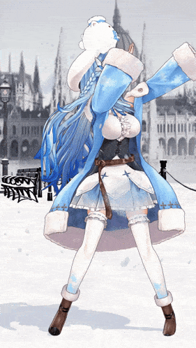 a girl with blue hair is standing in the snow holding a polar bear