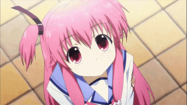 a girl with pink hair and red eyes is wearing a school uniform